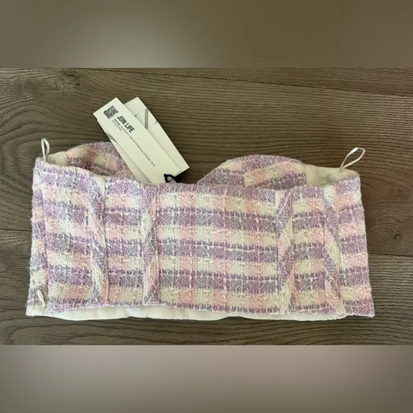 NEW! Zara Small Top Bustier Corset Crop‎ Top Tweed Plaid Pink Purple - Image 6