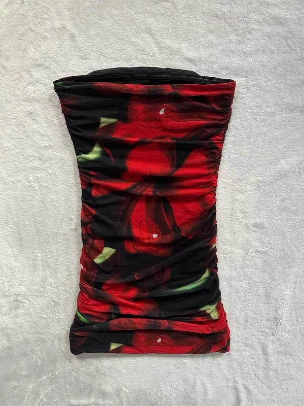 White Fox Ibiza Nights Strapless Mini Dress Red Hibiscus Size XS Bodycon Ruched - Image 9