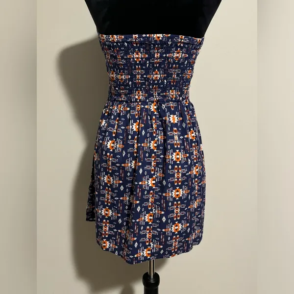 EUC BeBop Blue and Orange Aztec Print Strapless Babydoll Dress size medium - Image 4