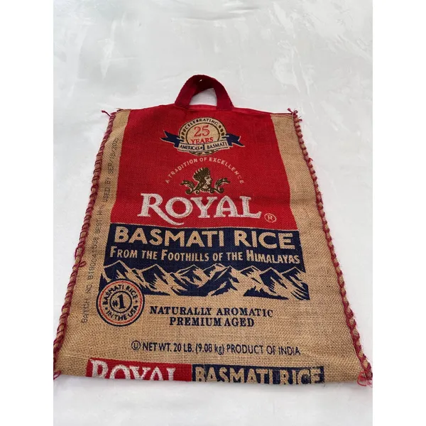 Royal Basmati Rice Burlap Tote Bag Reusable Zippered Market Sack Red Tan 18x13.5 - Image 2