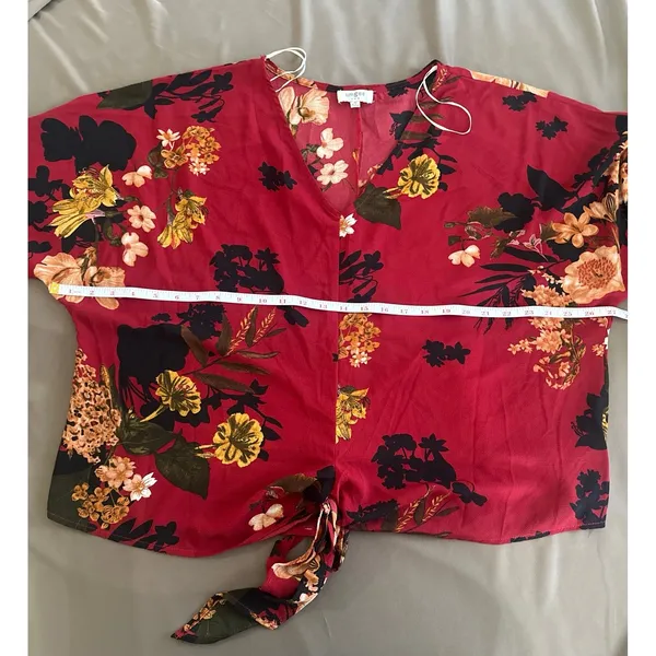 Umgee Floral Tie Front Blouse‎ Burgundy Red Long Sleeve V Neck Top - Image 7