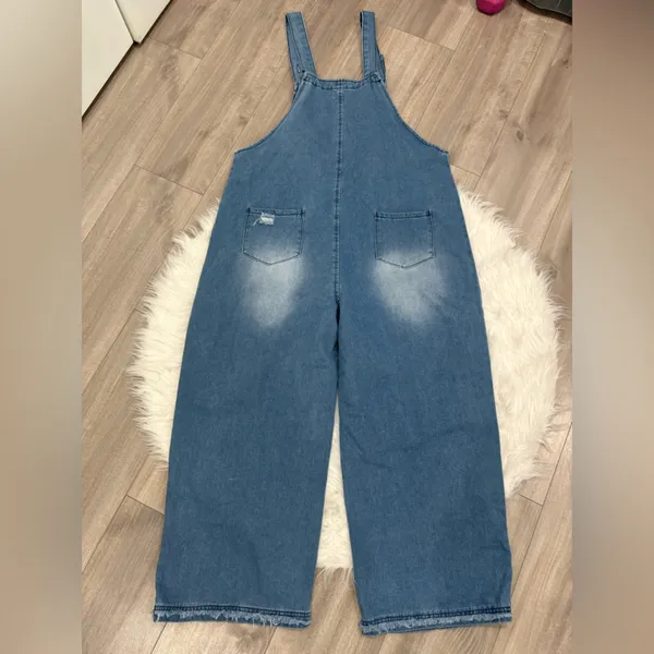 Women's Distressed Blue Denim Overalls (Oversize) Size L - Image 2