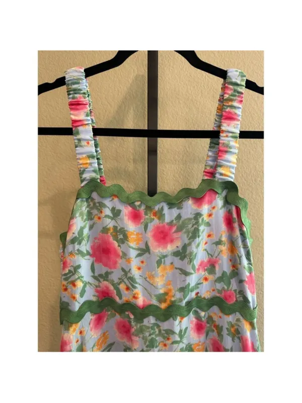 Size S Easel Los Angeles Blue Floral Contrast Wavy Trim Maxi Dress - Image 5