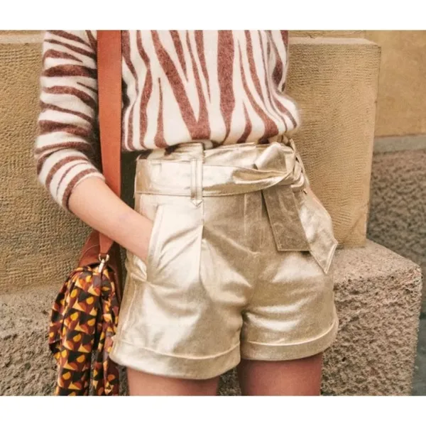 Sézane NWT Romeo Short in Golden Leather Belted Pleated Shorts 42 / 10 - Image 2