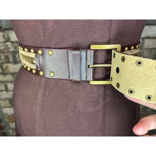 belt y2k leather studded crochet boho brown brass - Image 9