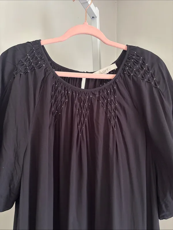 LOFT Smocked Pleated Flounce Dress Black Short Puff Sleeve Babydoll Dress Sz XL - Image 6