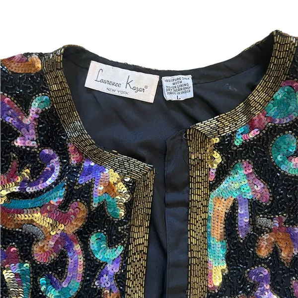 Laurence Kazar Vintage Black Multicolor Sequin Beaded Blazer | Large - Image 3