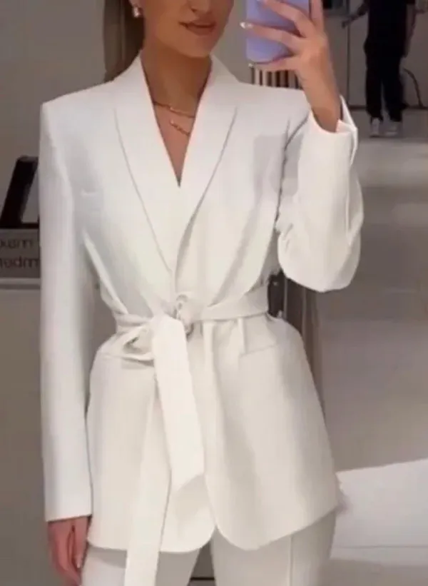 ZARA Tuxedo Blazer With Waist Tie Suit Jacket White - Image 7