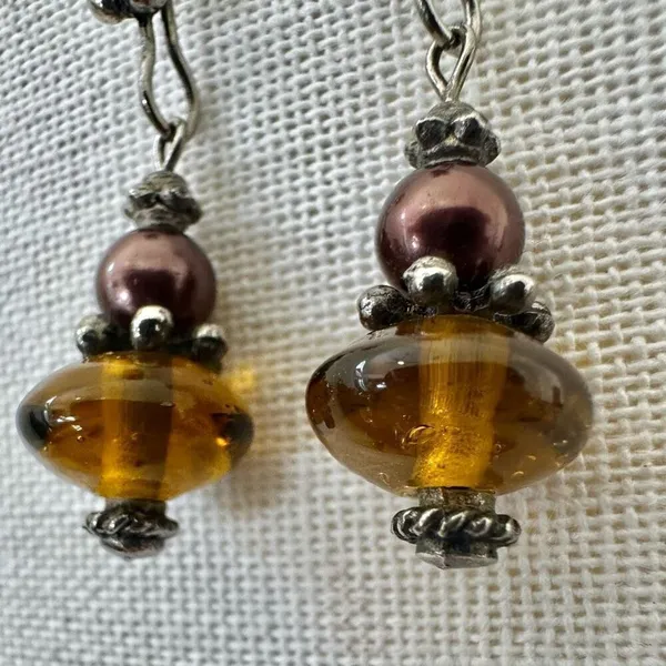 Handmade Boho Amber Glass & faux Pearl Drop Earrings - Image 2