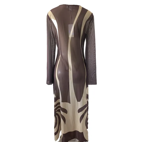 NWT Caroline Constas Brown Cover Up Maxi Dress Mesh Long Sleeve Sheer Beige M - Image 5