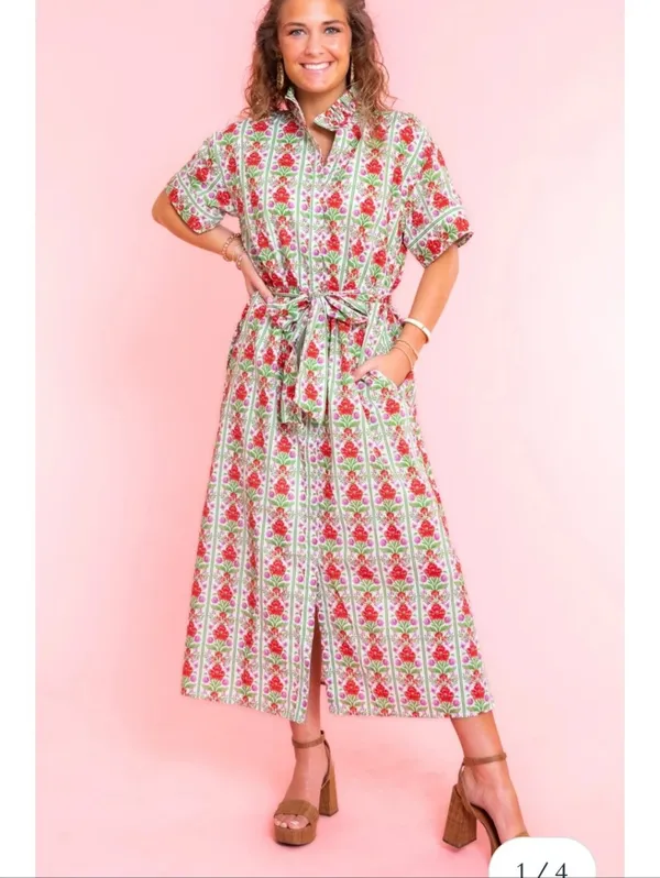Mod’s Mahal Women’s Midi Shirt Dress English Garden Size XS Pink Green Floral - Image 14