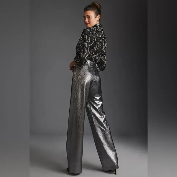 Anthropologie Hutch Silver Metallic Wide Leg Trouser Pants Size Small‎ NWT - Image 2