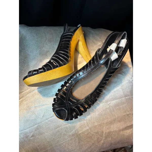 Michael Kors Black Leather Wood Platform Slingback Sandals Heels Size 10M - Image 10