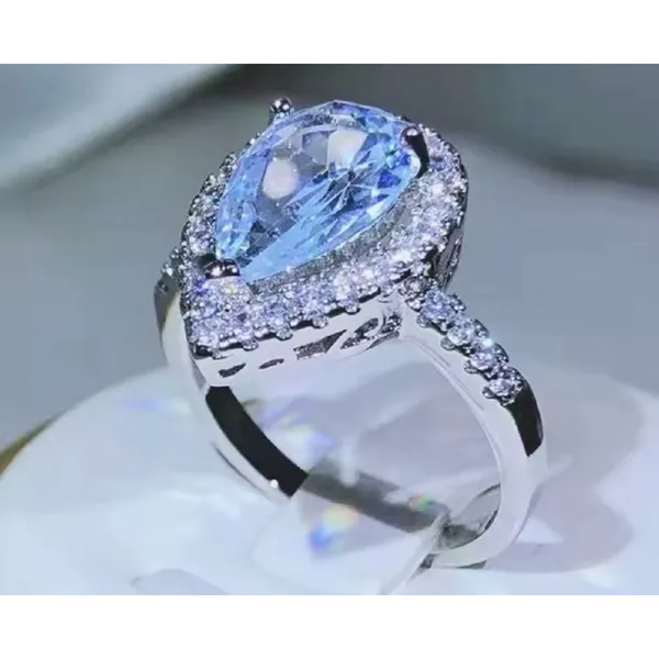 Boutique NEW Women's 3Ct Rhodium S925 Pear Halo‎ Teardrop Engagement Ring, Size 7 - Image 5