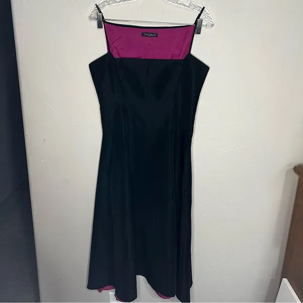 Tahari Black Vintage Y2K Square Neck Pink Hem Spaghetti Strap Midi Dress‎ - Image 3