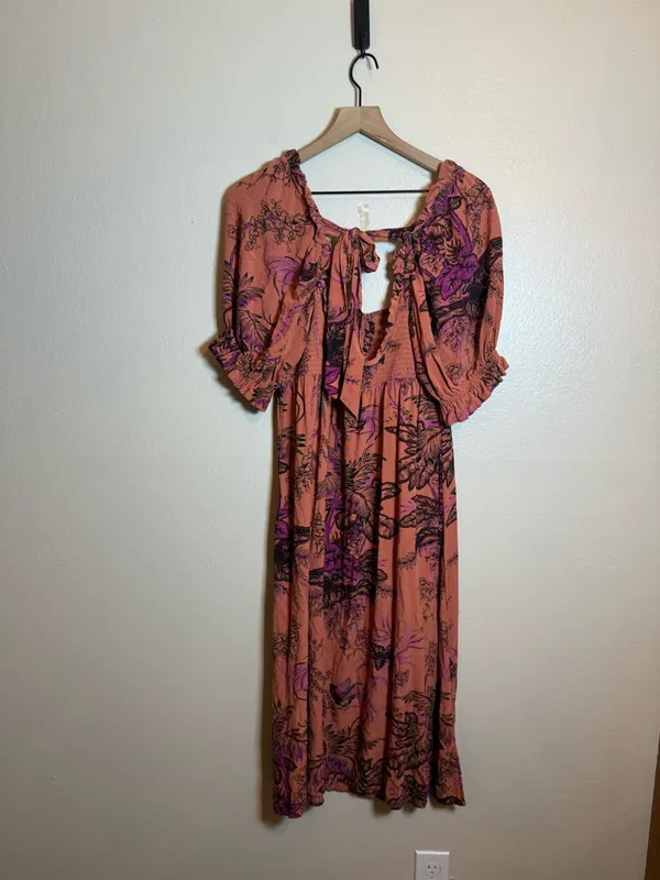 Anthropologie Smocked Puff Sleeve Midi Dress Tropical‎ Print - Image 6