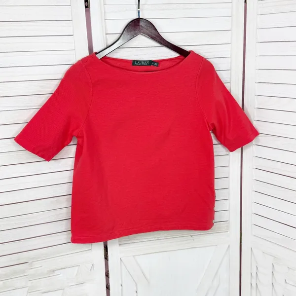 Lauren Ralph Lauren‎ Ribbed Boat Neck Short Sleeve Top Coral Orange Medium - Image 7