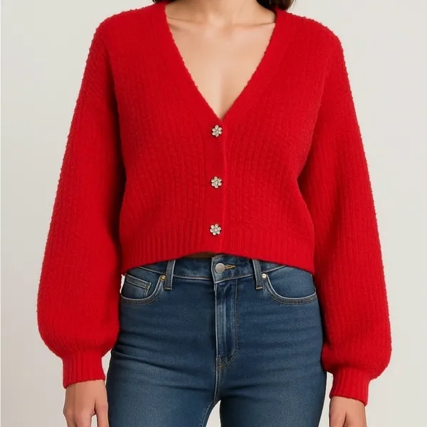 No Boundaries Red Knit Cardigan Rhinestone Buttons Size L (11–13) (A189)✨ - Image 3