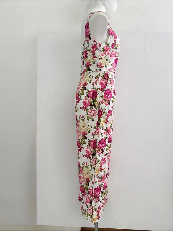 eesome Cream Floral Square-Neck Wide-Leg Jumpsuit with Pink Roses - Image 3