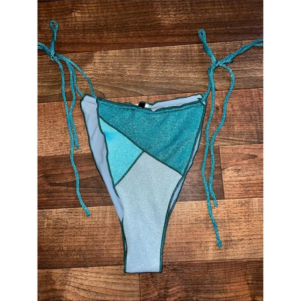 PrettyLittleThing Blue Teal Metallic Patchwork Tie-Side Bikini Bottom - Image 2