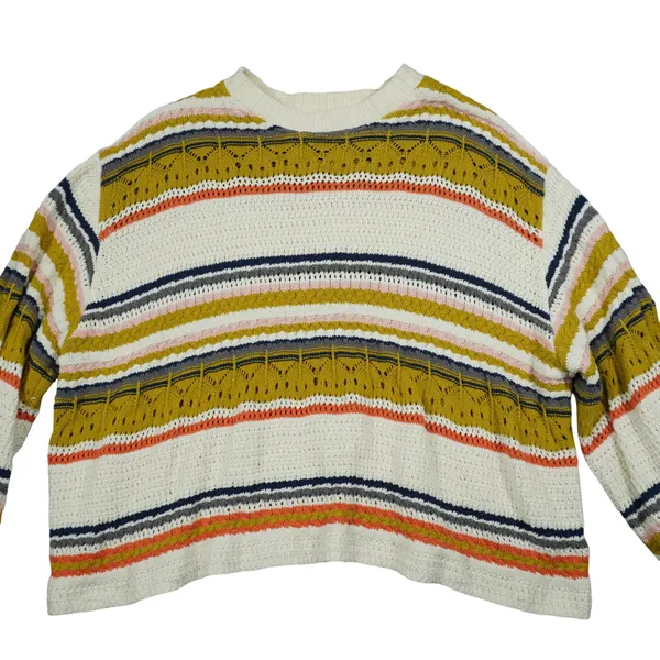 POL Striped Pointelle Knit Sweater Mustard Orange Cream Boho Retro Oversized‎ - Image 2