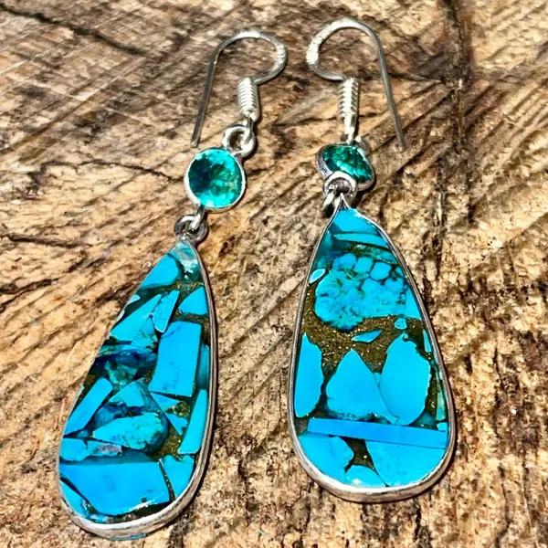Faceted Turquoise in Copper Earrings 2 1/4” Gold - Image 7