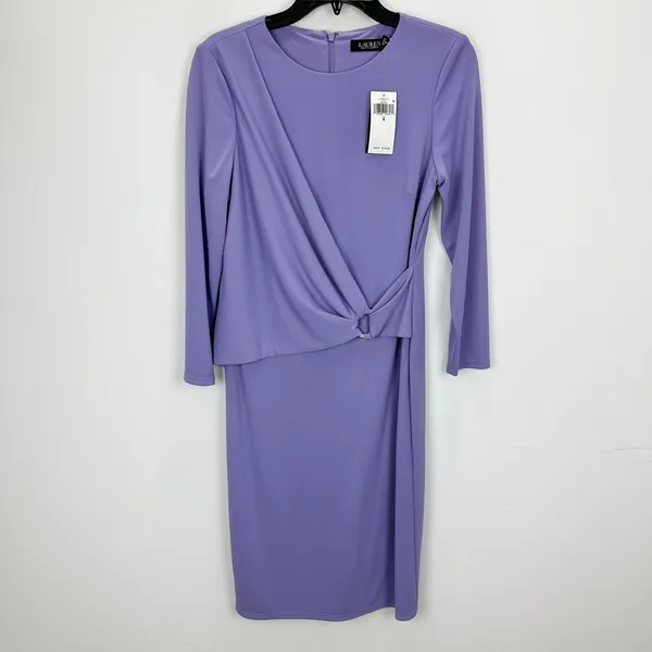 Lauren Ralph Lauren Jersey 3/4 Sleeve Dress Draped Knee Length Purple US 6 NWT - Image 4