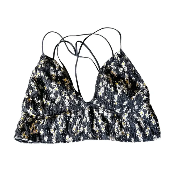 Victoria’s Secret PINK Black Sunflower Seersucker Bralette Bra Top Size Medium - Image 2