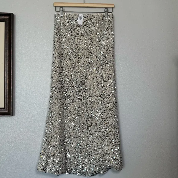 NWT Old Navy Champagne Silver Sequin A-line Lined Maxi Skirt Size Medium - Image 5