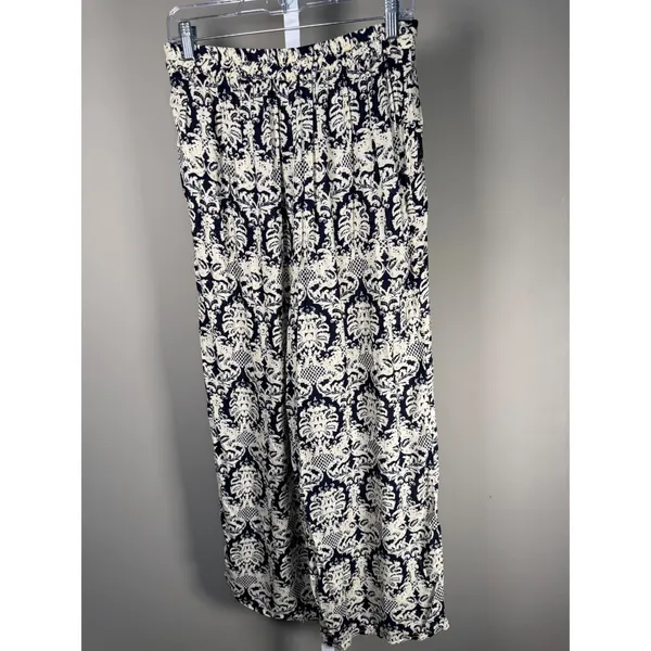 Solitaire Blue Ivory Print Wide Leg Palazzo Pants Rayon‎ Boho Medium - Image 6