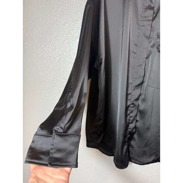 ZARA Black Satin Button Front Shirt Blouse Oversized XL - Image 3