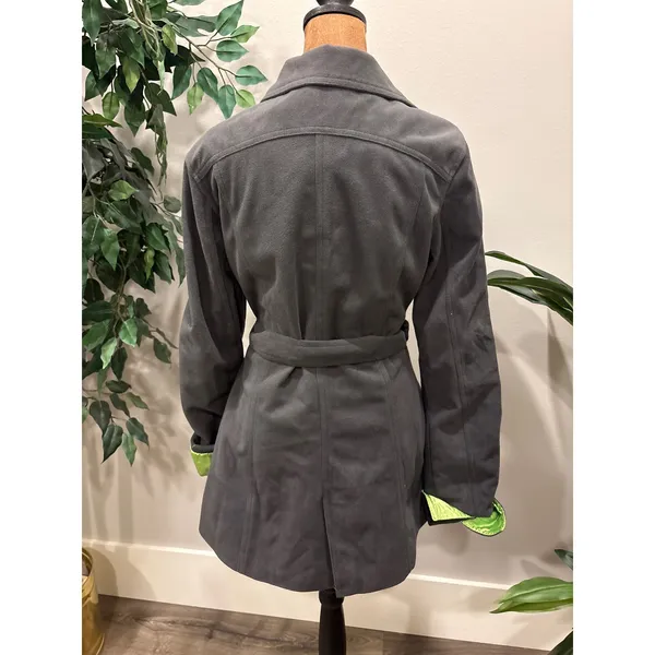 Indigo Saints Women's Gray Belted‎ Fleece Coat L lime Green satin like lining - Image 3
