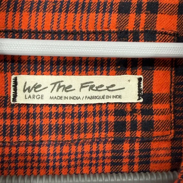 Free People We‎ The Free Womens Large Orange Black Plaid Puff Sleeve Button Down - Image 4