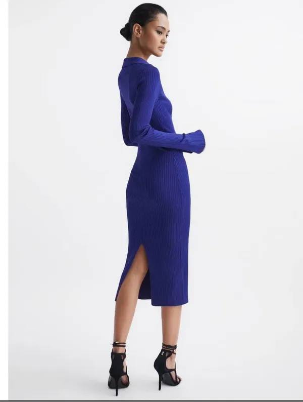 Reiss Blue Ronnie Collared Knitted Long Sleeve Ribbed Midi Bodycon Dress Size XS - Image 4