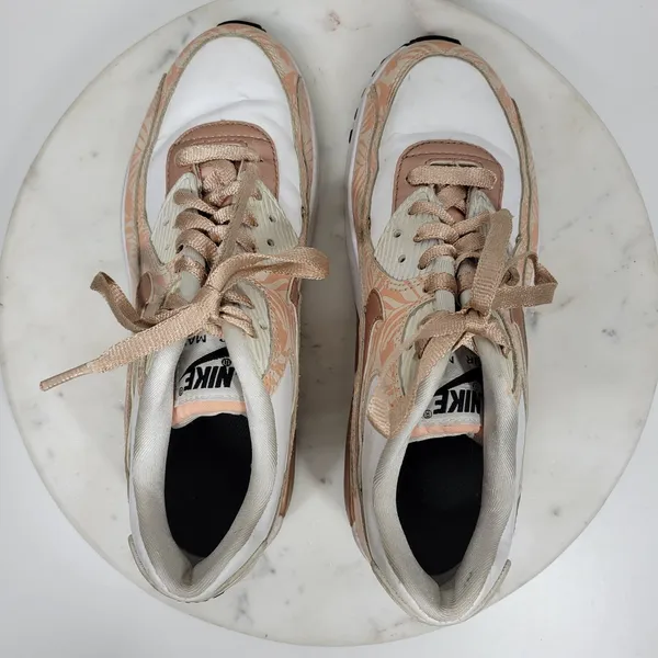 Nike Air Max 90 Print Sneakers Women 6.5 White Bronze Leather Lace Up Running - Image 7