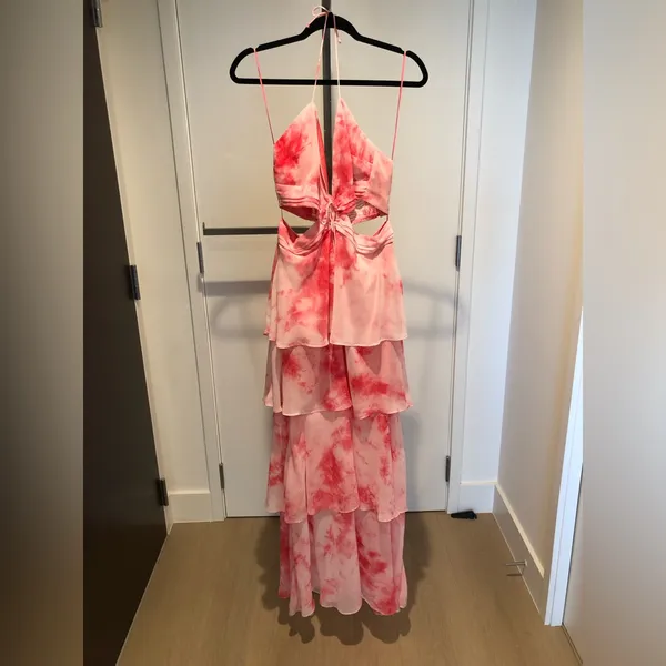Luxxel Pink Tie Dye Tiered Halter Maxi Dress Size L - Image 3