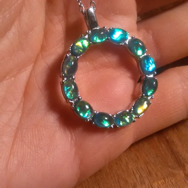 Green Color Simulated Opal Resin Stainless Steel Pendant Necklace - Image 11