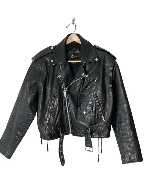 VINTAGE SARAH Black Leather Moto Jacket Size L - Image 6