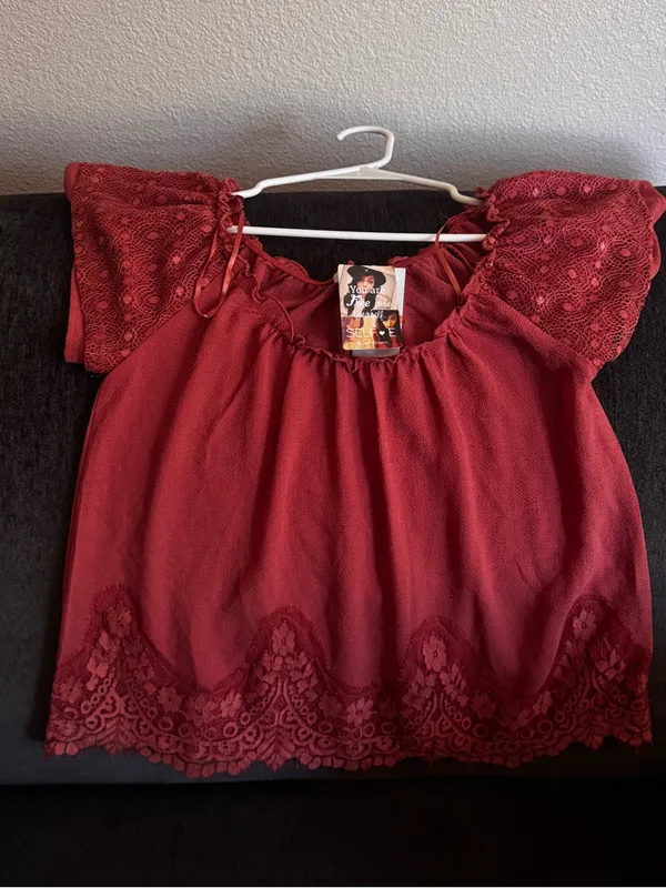 ELF Deep Burgundy Lace Flutter Sleeve Blouse Red - Image 8