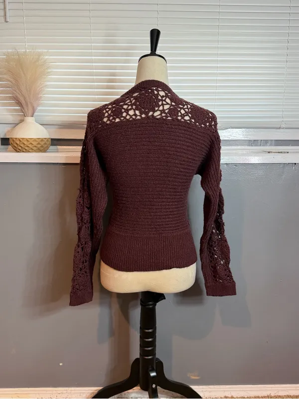 Zara Burgundy Crochet Floral Knit Sweater Wool Blend Medium - Image 6