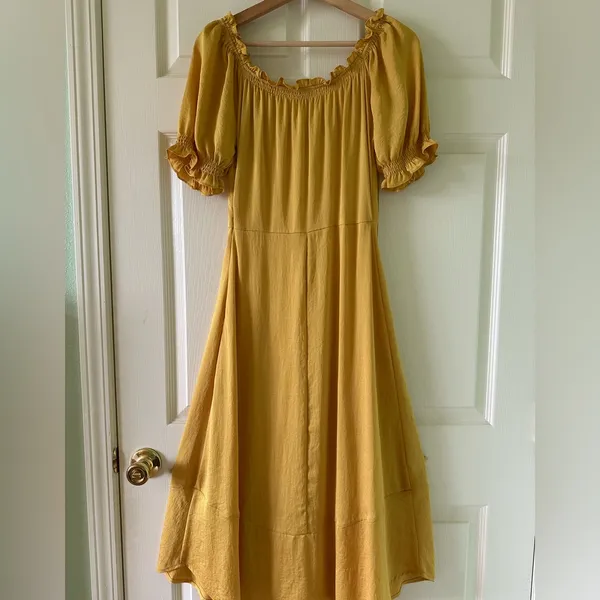 👗🌺Anthropologie Yellow Midi Dress M 6 8 Boho Cottagecore Puff Sleeve Ruffle Trim - Image 11