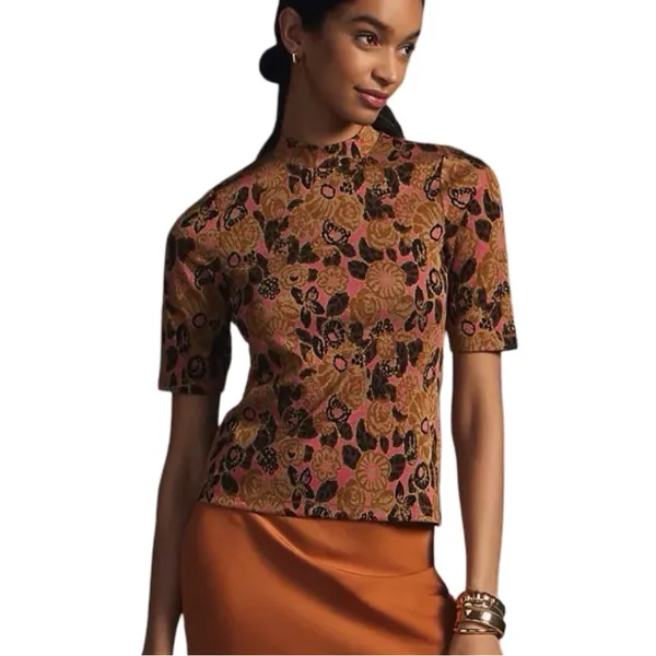 Anthropologie Maeve Floral Knit Top Mock Neck M 🌸🤎✨ - Image 6