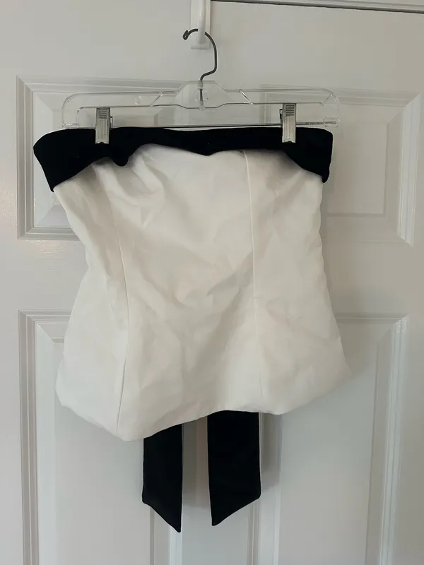 ZARA Strapless Bow Tube White Top Black Velvet - Image 3