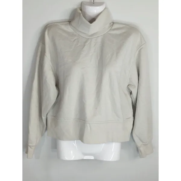 Zara Taupe‎ Sweatshirt Women's Small Mock Neck Cropped Cotton Loungewear Casual - Image 2