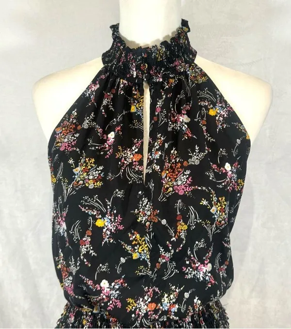 Express high mock neck smocked black ditsy floral midi dress size medium - Image 5