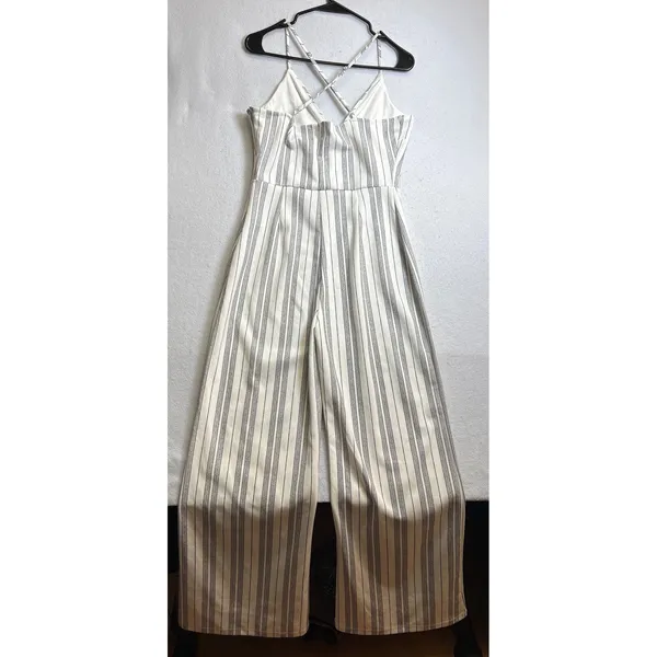 Love Tree Womens Wide Leg Jumpsuit White Black Striped Criss Cross Back Large - Image 4