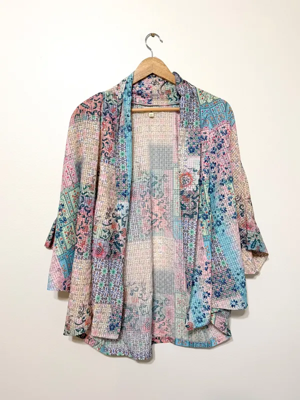 World Market Floral Boho Patchwork Open Front Kimono Cardigan one size pink blue - Image 2