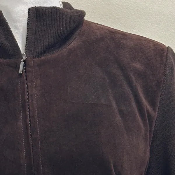 Y2K Mossimo Suede Leather Wool Blend Knit Zip Up Jacket Brown Small Boho Western - Image 5