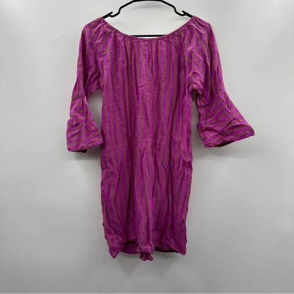 Free People Folk Town Linen Blend Purple‎ & Tan Striped Mini Dress Size S - Image 4