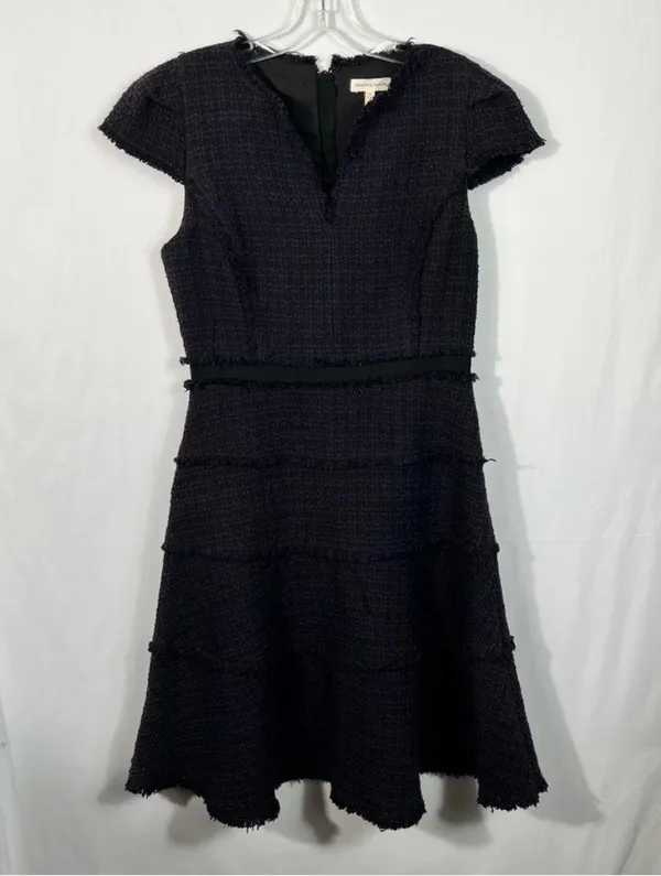 Rebecca Taylor Deep Purple Tiered Tweed Knit Fit & Flare Cap Sleeve Dress Fringe - Image 2
